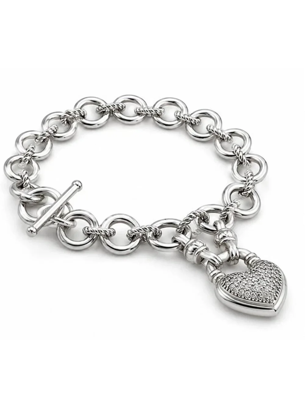 Genuine Diamonds Link Heart Charm Bracelet Solid .925 Silver